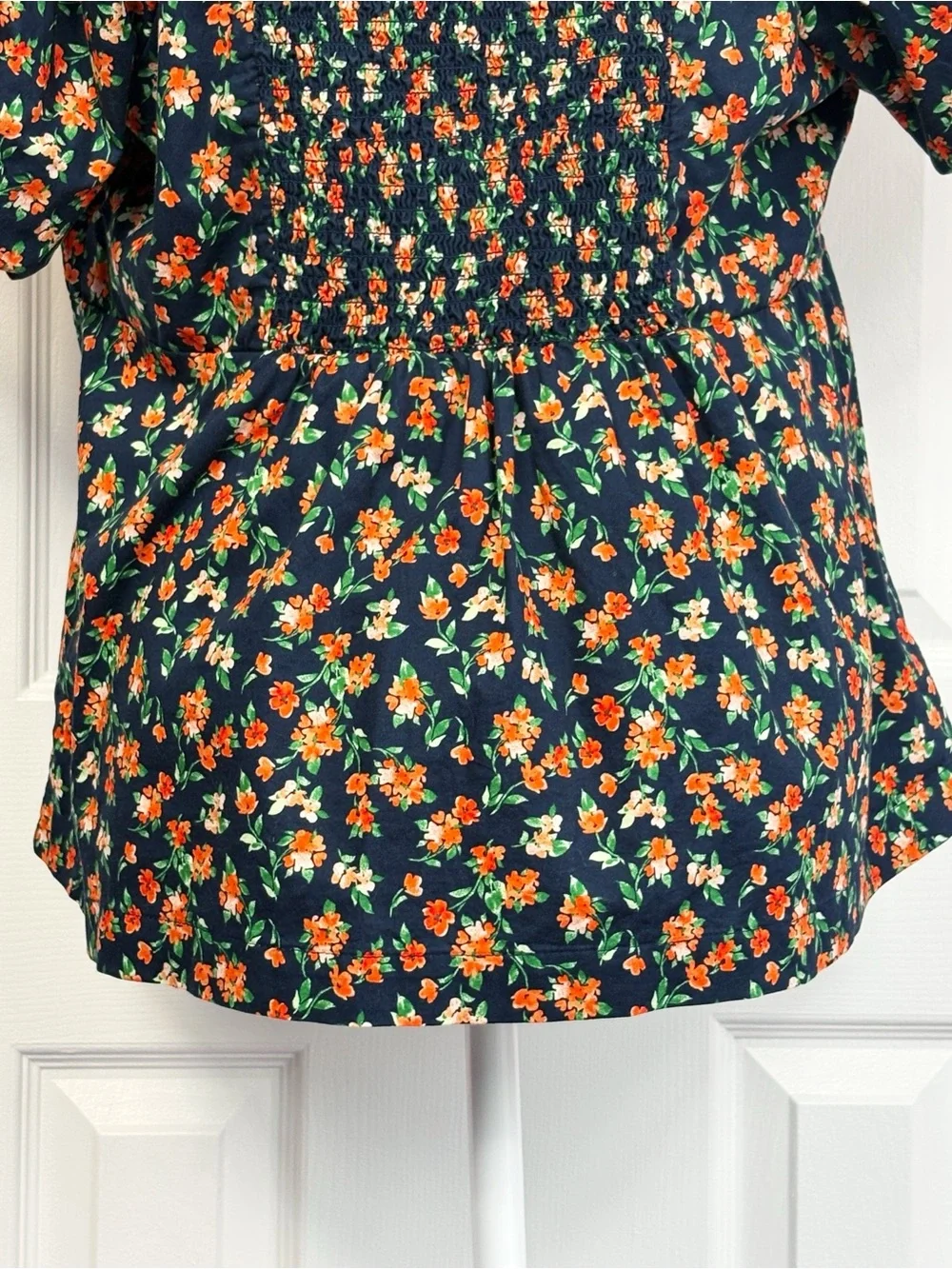 Old Navy Navy Blue & Orange Floral Print Puff Sleeve Smocked Trapeze Top XL
